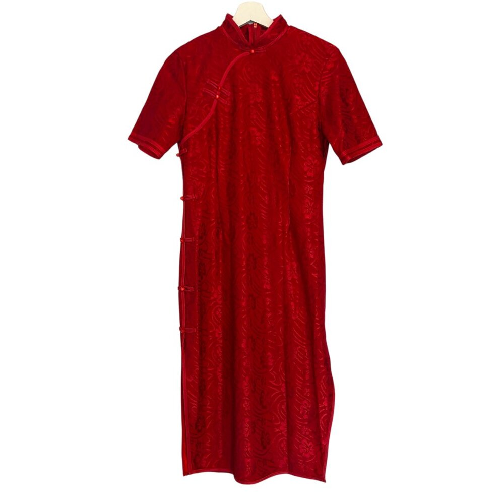 f.e.v. Red Floral Qipao Cheongsam Mandarin Collar Dress Size Medium 170/92A